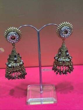Gold-Tone Jhumka Earrings with Purple Gem Accents